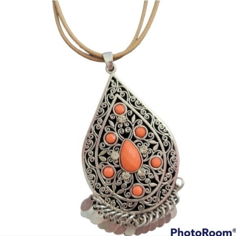 Coastal Cowgirl Boho Silver Tone Orange Necklace